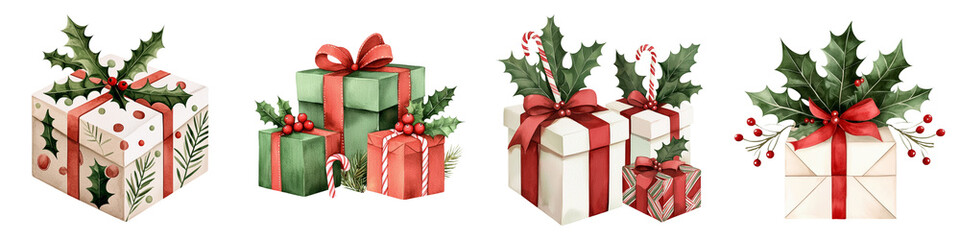 Obraz premium A festive assortment of beautifully wrapped holiday gifts adorned with ribbons and greenery, ideal for celebrating seasonal joy.