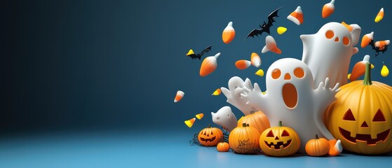 Naklejka premium A Halloween themed poster with ghosts, pumpkins, and candy corn