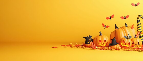 A yellow background with a bunch of pumpkins and bats