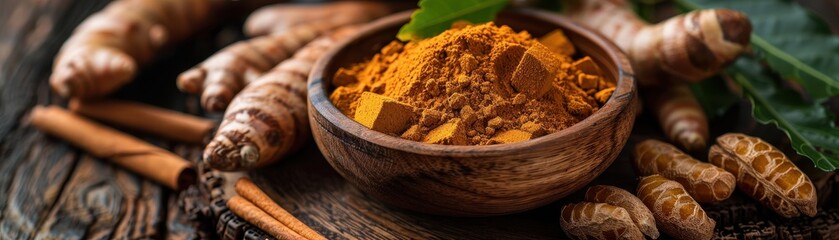 A bowl of yellow powder with a bunch of ginger and cinnamon on a wooden table