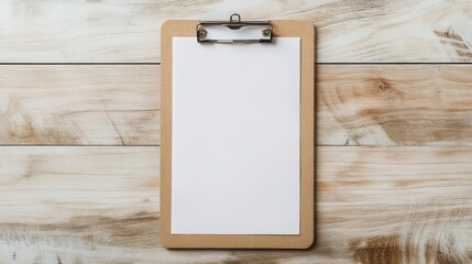 A clean wooden clipboard rests on a rustic wooden surface, featuring a blank white sheet of paper, inviting creativity and organization. Ideal for notes and sketches