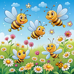 Cute cartoon bees flying over flowers