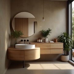 A serene bathroom interior featuring a wooden cabinet with clean lines and minimal ornamentation