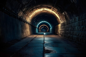 Obraz premium Underground Subterranean. Dark Arched Tunnel Road Leading to the Light