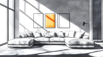 Cozy and Inviting Modern Living Room with a Large Comfortable Sectional Sofa Minimalist Stylish Decor Bright Artwork and Dramatic Cinematic Lighting Creating a Serene Ambiance