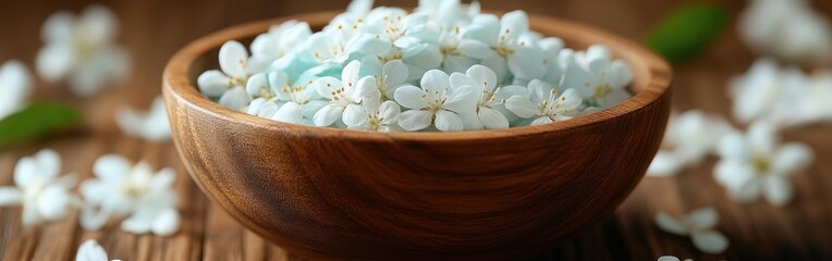 Fototapeta premium A beautifully arranged wooden bowl showcases delicate flowers surrounded by calming spa elements