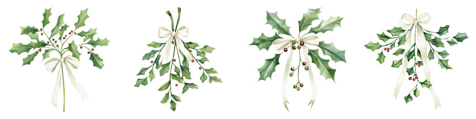 Four decorative arrangements of holly and mistletoe with white bows set against a dark background, capturing a festive, seasonal vibe.