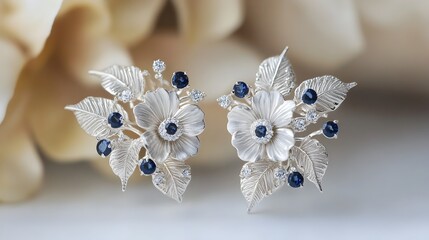 Fototapeta premium Elegant White Gold Floral Earrings with Delicate Flower and Leaf Cluster Intricate Filigree and Granulation Lustrous Sapphire Embellishments