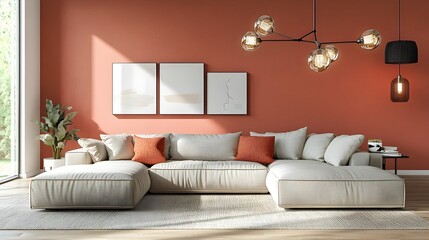 Cozy and inviting modern living room with a large comfortable sectional sofa minimalist stylish decor bright walls accentuating natural light and airy ambiance mid century modern accents