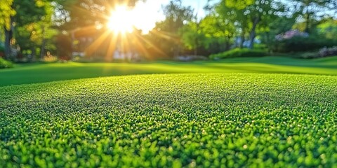 A serene sunrise over the well-manicured golf course green