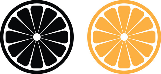 Orange slice icon set in black and orange colors . Citrus fruit half slice icon vector