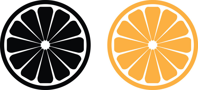 Orange slice icon set in black and orange colors . Citrus fruit half slice icon vector