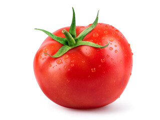 Fresh juicy red Tomato with water droplets isolated on white background.