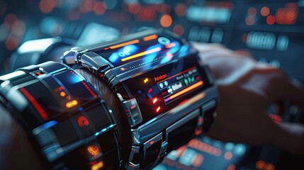 Naklejka premium A high-tech wearable device displaying various applications and data
