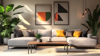 Cozy and inviting modern living room with a large comfortable sectional sofa minimalist stylish decor clean lines geometric forms lush indoor greenery sleek coffee table abstract wall art