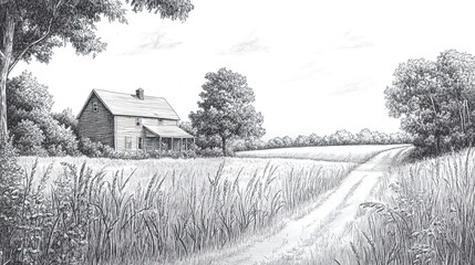 
A pencil drawing of an old farmhouse surrounded by fields and trees, with a dirt road leading up to it. 