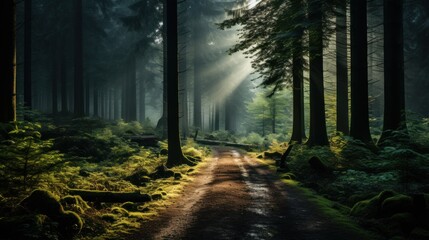 Fototapeta premium Sun rays filter through the dense forest canopy along a tranquil path in early morning light