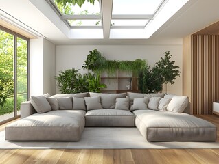 Fototapeta premium Cozy and inviting modern living room with a large comfortable sectional sofa minimalist stylish decor natural and grounded color infused organic textures abundant greenery skylights