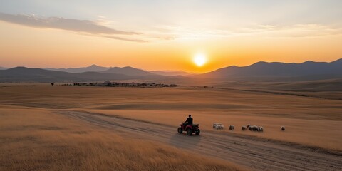 Fototapeta premium A Turkish shepherd on a quad bike herding sheep across a vast steppe