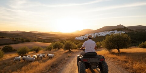A Spanish farmer on a quad bike riding through the rolling hills of Andalusia with sheep grazing under olive trees