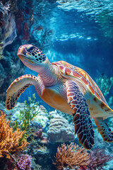 Obraz premium Majestic Sea Turtle Swimming in Vibrant Coral Reef