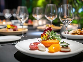 Gourmet dinner with vibrant dishes, sleek table setup.