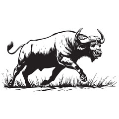 Mascot of running angry buffalo, Clean Black and white Vector silhouette of a Buffalo