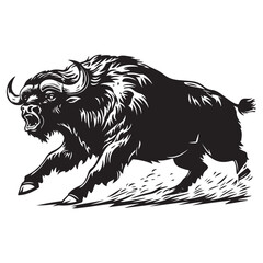 Mascot of running angry buffalo, Clean Black and white Vector silhouette of a Buffalo
