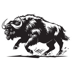 Mascot of running angry buffalo, Clean Black and white Vector silhouette of a Buffalo