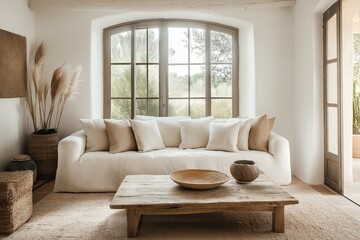 Fototapeta premium Modern Mediterranean cottage living room featuring natural textures and warm tones