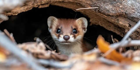 A weasel peeking out from its burrow, its small head emerging from the dark, earthy tunnel, with its bright eyes scanning the surroundings