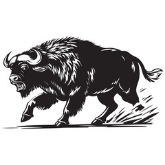 Mascot of running angry buffalo, Clean Black and white Vector silhouette of a Buffalo