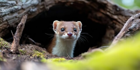 Obraz premium A close-up shot of a weasel emerging from its den