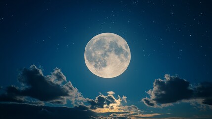 A radiant full moon illuminates the night sky, gently glowing on the clouds and crafting a tranquil and serene nighttime atmosphere