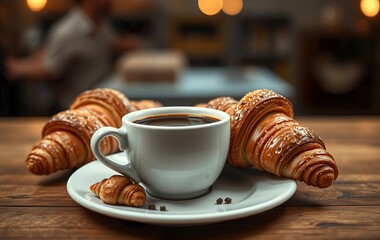 A perfect morning scene featuring a fresh cup of hot coffee and a golden-brown croissant on a white plate, surrounded by a selection of sweet pastries and bakery treats. This breakfast spread includes