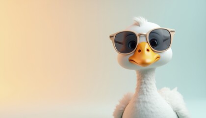 A white duck wearing black sunglasses stands against a light blue background, creating a humorous and playful scene. The image is quirky and fun.