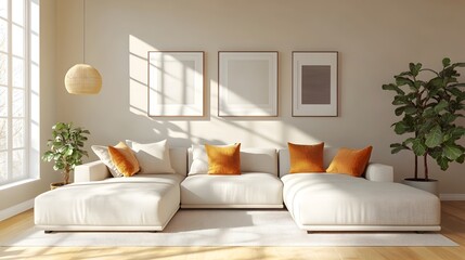 Fototapeta premium Cozy and Inviting Modern Living Room with a Large Comfortable Sectional Sofa Stylish Minimalist Decor Bright Color Accents and a Warm Welcoming Sunlit Atmosphere