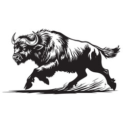 Mascot of running angry buffalo, Clean Black and white Vector silhouette of a Buffalo