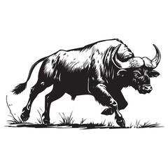 Mascot of running angry buffalo, Clean Black and white Vector silhouette of a Buffalo