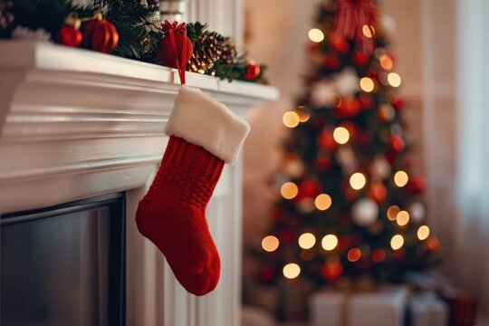 Red christmas wool sock on fireplace mantle stocking holiday decor. - Powered by Adobe