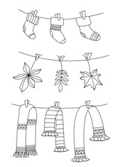 Coloring Pages of Festive Socks, Scarves, And Leaves Drying On Ropes