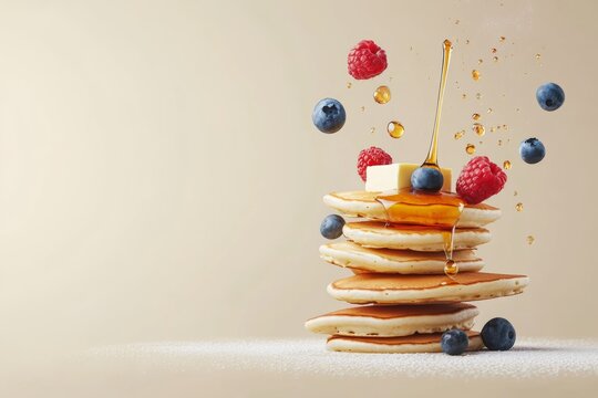 Breakfast items--pancakes, syrup, butter, and berries--flying in the air and forming a stack, minimal background with copy space 