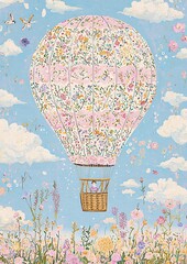 Hot air balloon with floral pattern floating over a flower field and cloudy sky. Digital illustration in whimsical style. Adventure and springtime travel concept for design and print