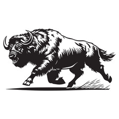 Fototapeta premium Mascot of running angry buffalo, Clean Black and white Vector silhouette of a Buffalo
