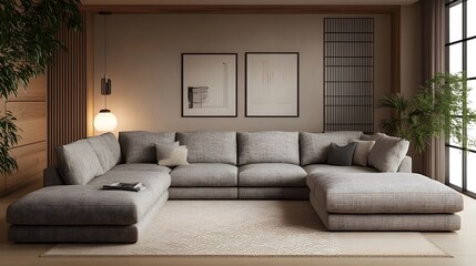 Fototapeta premium Cozy and inviting modern living room with a large L shaped sectional sofa in a soft neutral upholstery minimalist yet refined decor with geometric patterns natural lighting and a serene