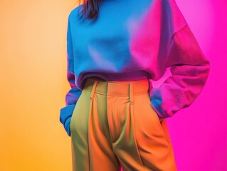 Fototapeta premium Minimalist outfit with vibrant colors, sleek fashion setup.