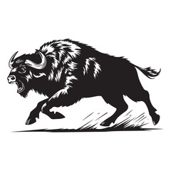 Mascot of running angry buffalo, Clean Black and white Vector silhouette of a Buffalo