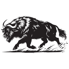 Mascot of running angry buffalo, Clean Black and white Vector silhouette of a Buffalo