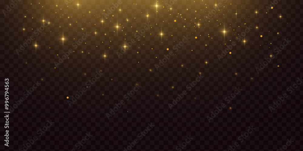Poster the dust sparks and golden stars shine with special light. vector sparkles on a transparent backgrou