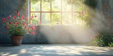 Sunlight filters through a window illuminating blooming flowers in a serene room